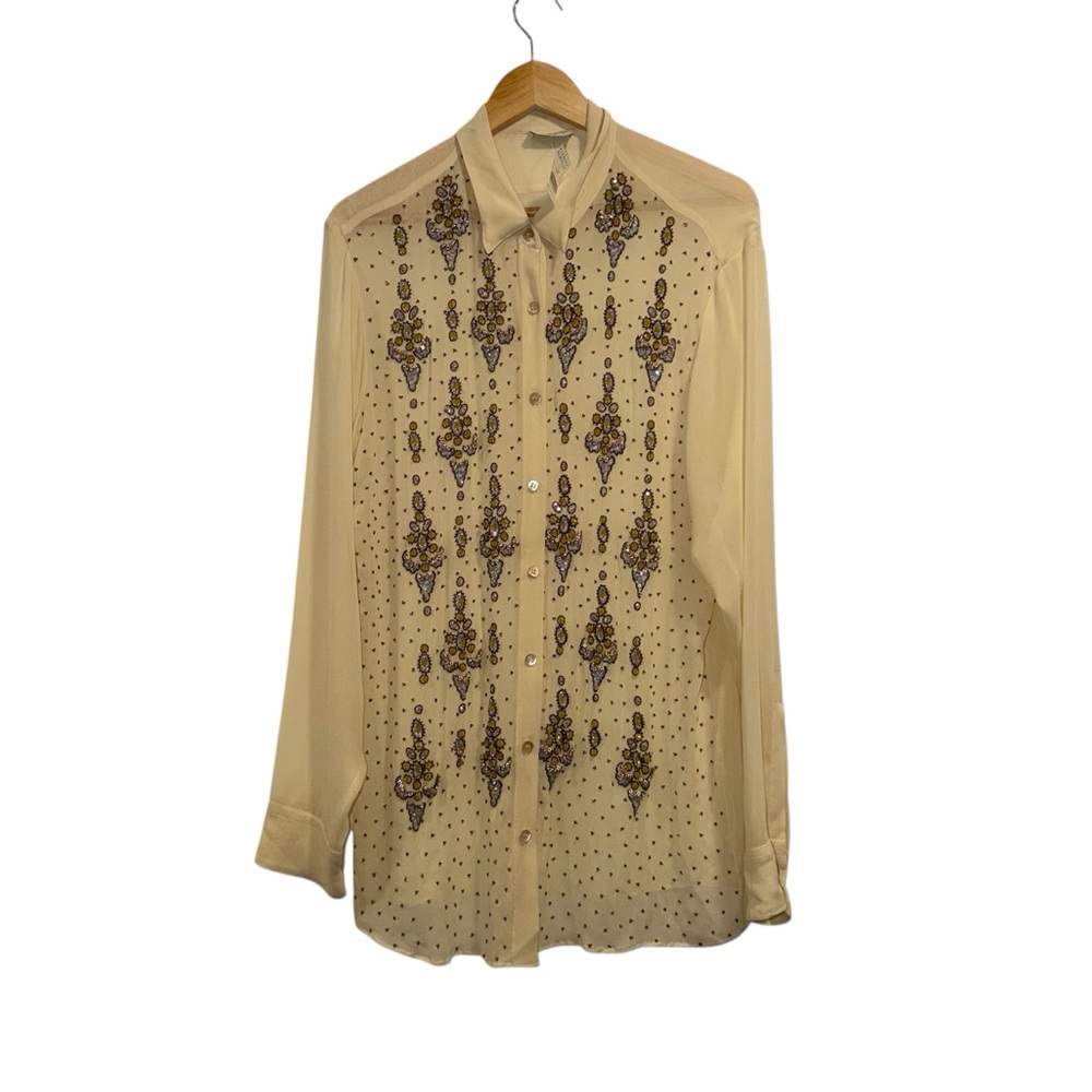Dries Van Noten Tan Blouse Silk Beaded Embellished 10 Cocktail Party Fancy 🟡 - Picture 4 of 16